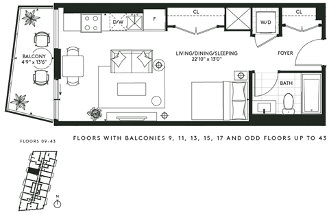 Floor plan for studio, 1 bath, 479 sqft